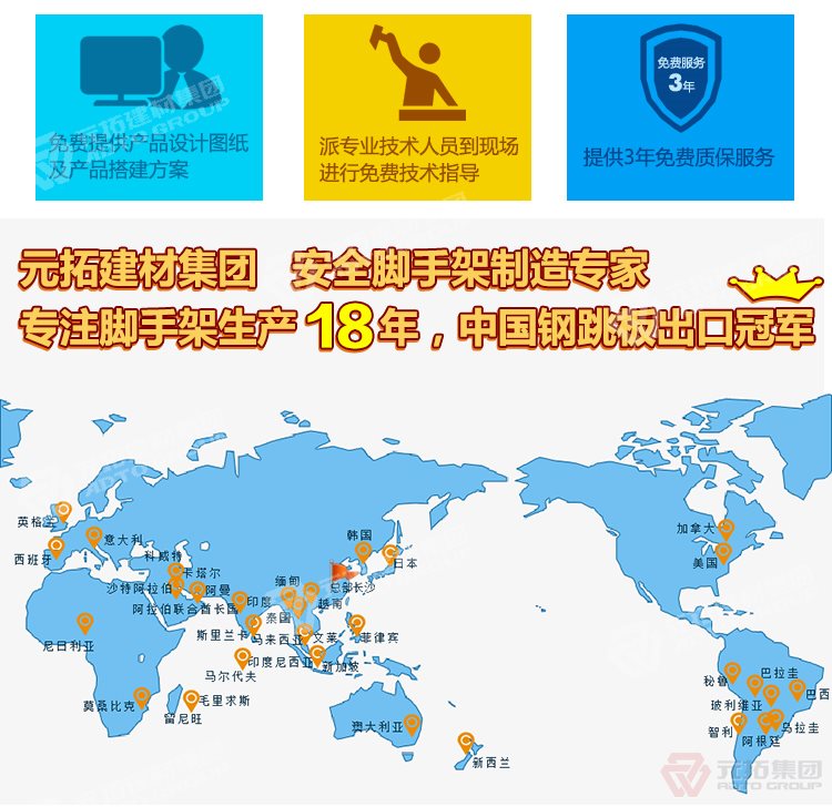 元拓建材集團，安全腳手架制造專家！專注腳手架生產(chǎn)18年，中國鋼跳板出口冠軍！